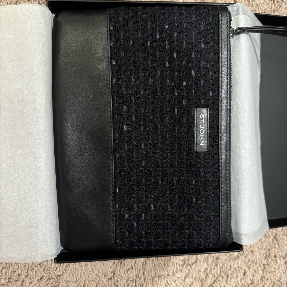 St. John Black Textured Leather Wristlet Clutch